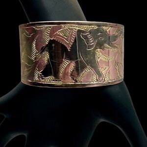 Vintage Elephant Cuff Bracelet Wide Brass Copper Mixed Metal Boho Ethnic
